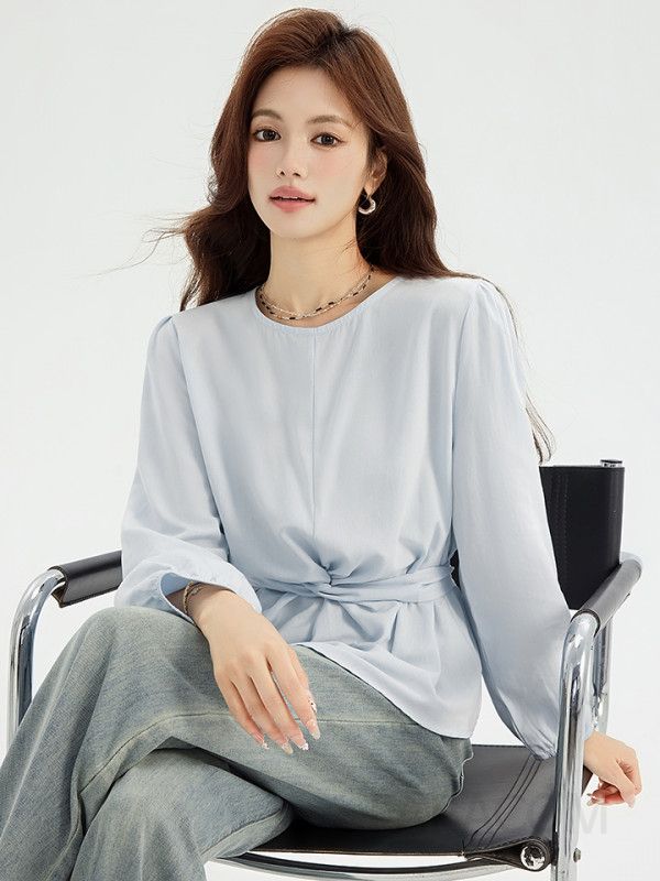 라운드넥 루즈핏 긴팔 셔츠 여성 가을 프렌치 스타일 크로스 스트랩 블라우스 편안한 착용감 데일리 코디용 - 상세 이미지 5