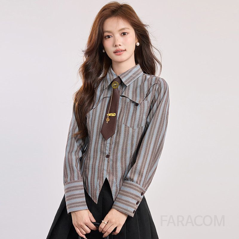 여성 스트라이프 긴팔 셔츠 가을 데일리 코튼 셔츠 캐주얼 스타일 편안한 착용감 대학생 올매치 패션 넥타이 - 상세 이미지 3