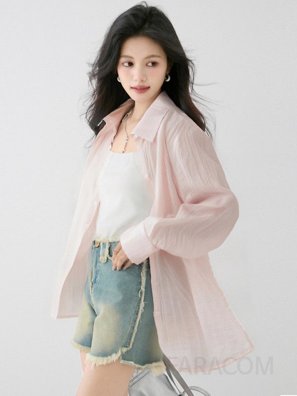 여성 얇은 긴팔 카디건 셔츠 구김없는 편안한 핑크 컬러 캐주얼 데일리룩 여름 가을용 긴 기장 다양한 스타일링 가능 - 상세 이미지 4