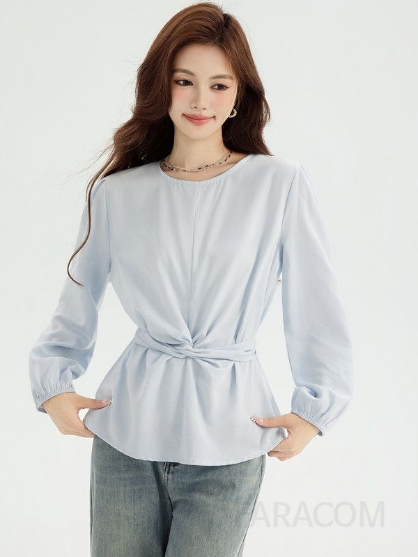 라운드넥 루즈핏 긴팔 셔츠 여성 가을 프렌치 스타일 크로스 스트랩 블라우스 편안한 착용감 데일리 코디용 - 상세 이미지 4