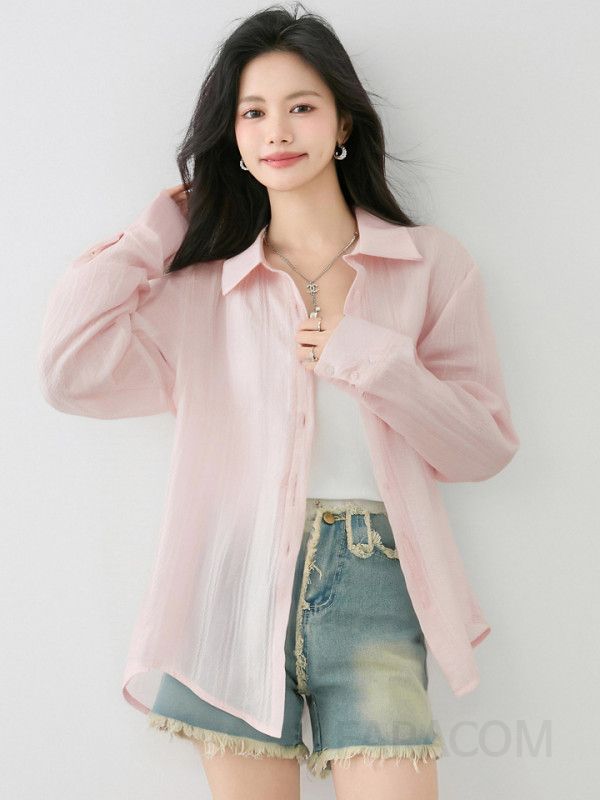 여성 얇은 긴팔 카디건 셔츠 구김없는 편안한 핑크 컬러 캐주얼 데일리룩 여름 가을용 긴 기장 다양한 스타일링 가능 - 상세 이미지 2
