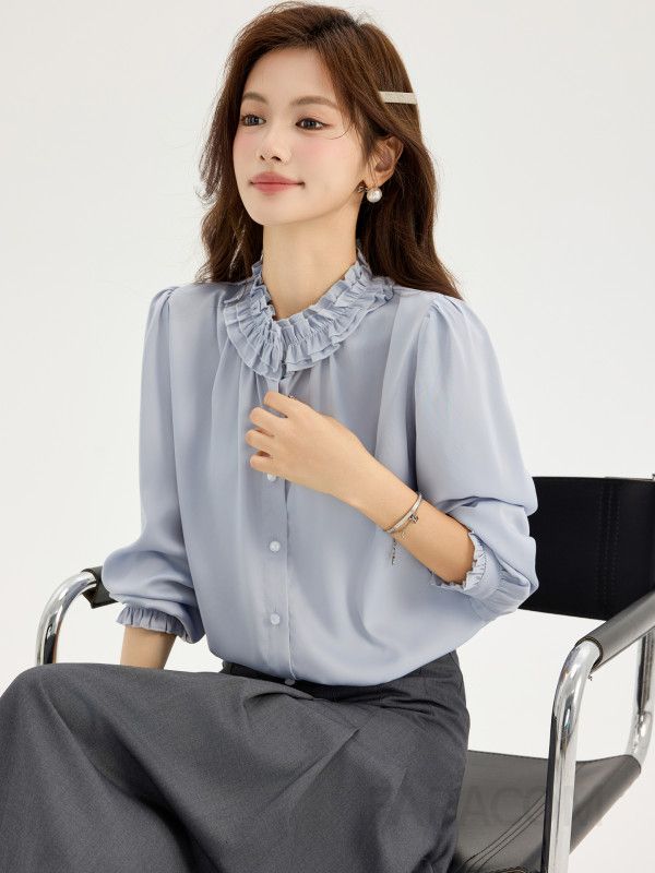 가을 여성 긴팔 러플 블라우스 고급스러운 드레이프 스타일 루즈핏 프릴 디자인 하객룩 데일리 착용 편안한 매력적인 셔츠 - 상세 이미지 5