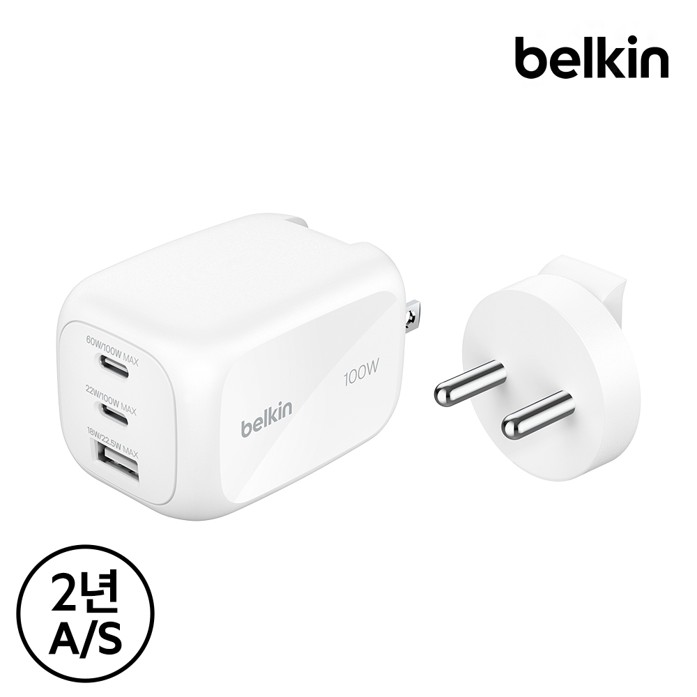 벨킨 100W 3포트 GaN 초고속 충전기 듀얼 C타입 USB-A WCH016 노트북 충전 아이폰17 16 호환