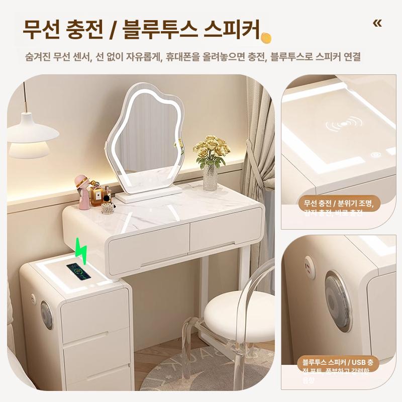 미니화장대 대학생 LED 거울 스툴 화장대 포함 정장 50 미러+원형 스툴 화이트 소형-일반 사이드 캐비닛 - 상세 이미지 3