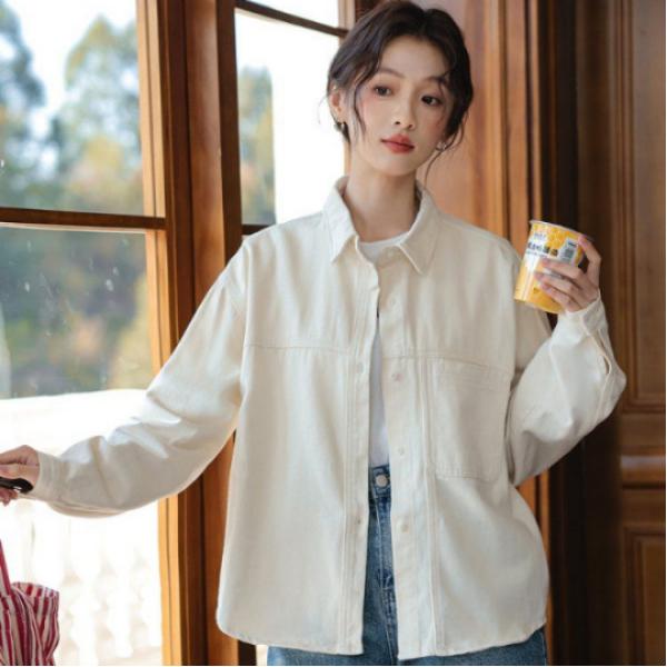 루즈핏 면 셔츠 자켓 포켓 카라 싱글 버튼 간절기 캐주얼 봄 가을 미백색 라이트핑크 - 상품 이미지