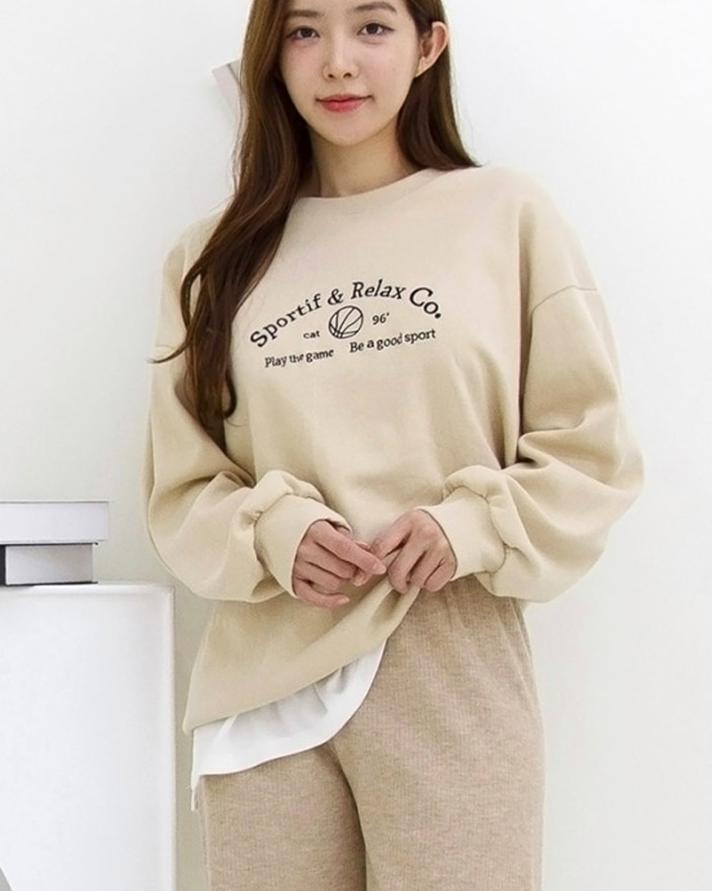 스포티브 포인트자수 여자맨투맨 드롭숄더 캐주얼 오버핏 - 상품 이미지