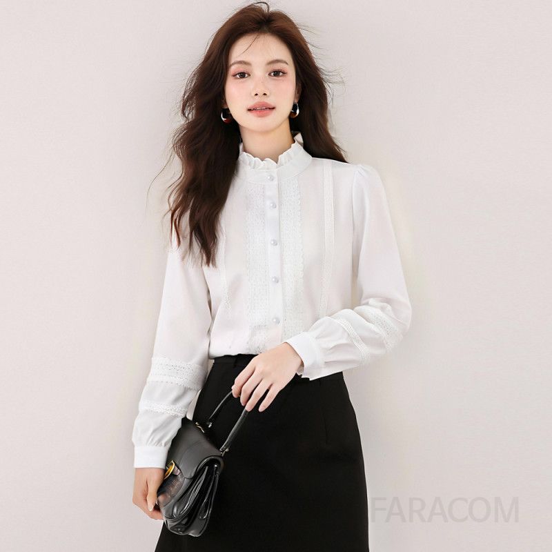 흰색 러플 긴팔 블라우스 여성용 우아한 가을 스타일 세련된 라운드넥 캐주얼 상의 데일리 코디 적합한 셔츠 - 상품 이미지