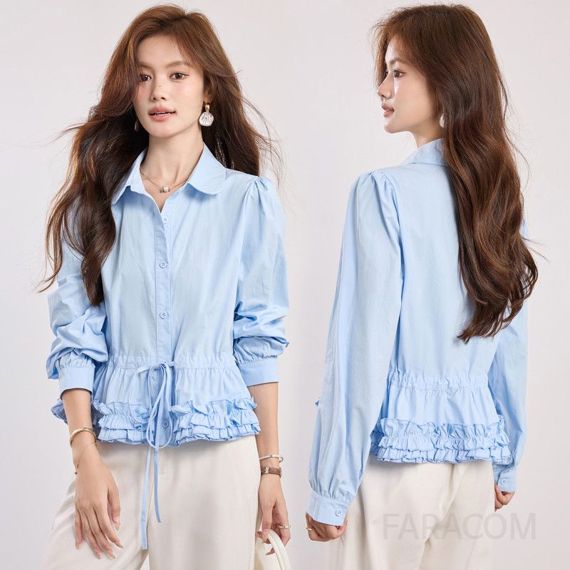 가을 플리츠 블라우스 여성용 퍼플 블루 단추 조임끈 스타일 라펠 디자인 캐주얼 셔츠 탑 루즈핏 모던한 트렌디한 데일리 패션