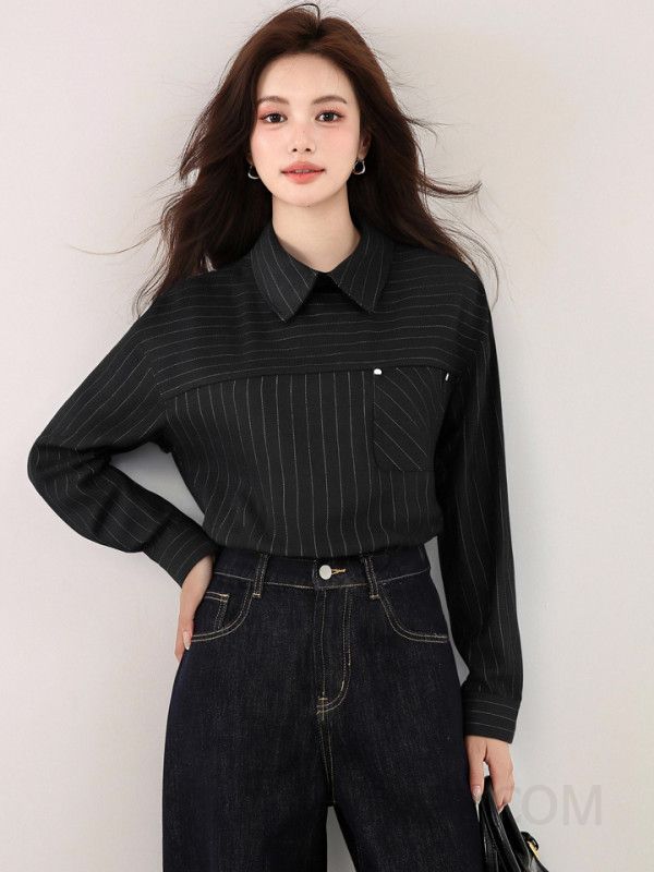 여성 스트라이프 긴팔 셔츠 데일리 출퇴근 패션 고급스러운 캐주얼룩 가을용 면 소재 편안한 착용감 스타일리시한 디자인 - 상세 이미지 3