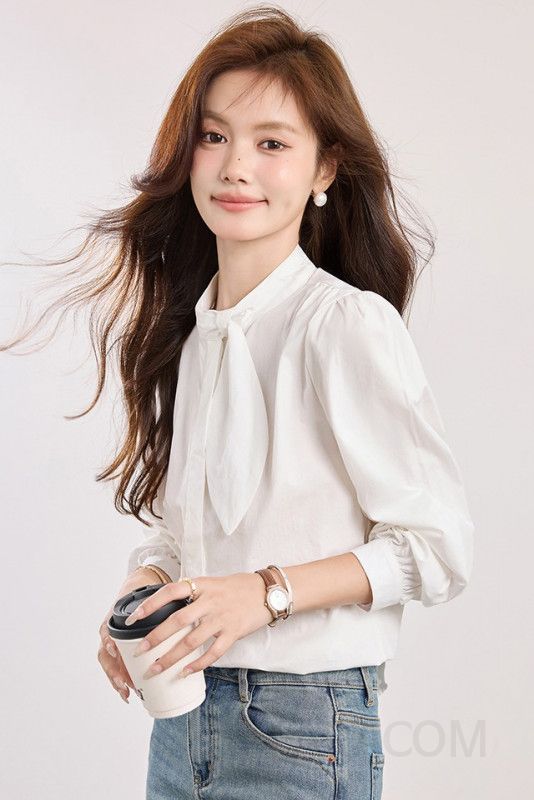 퍼프소매 여성 가을 블라우스 우아한 스타일 라운드넥 루즈핏 시스루 쉬폰 소재 고급스럽고 편안한 일상 데일리룩 활용 가능 - 상세 이미지 5
