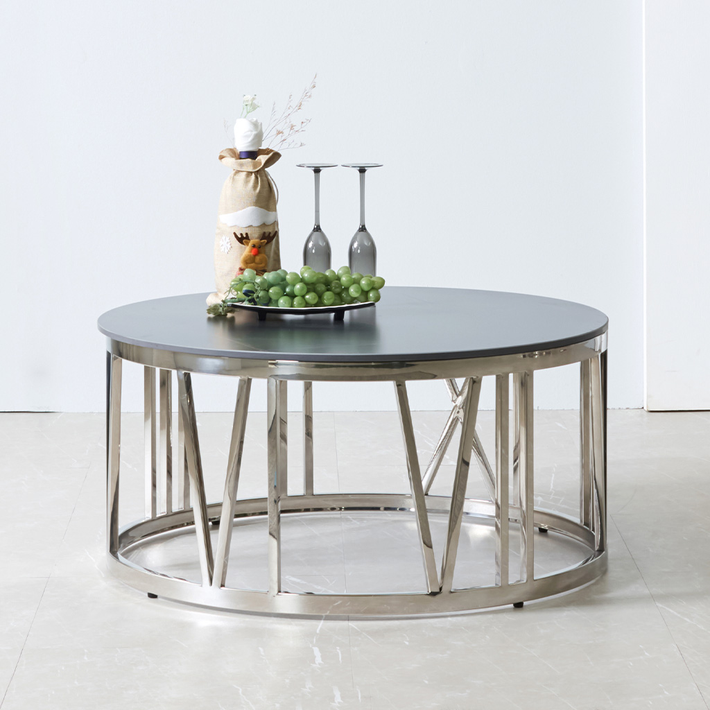 스코나 슬로이 스텐 실버 포세린 세라믹 원형 거실 소파 테이블 좌탁