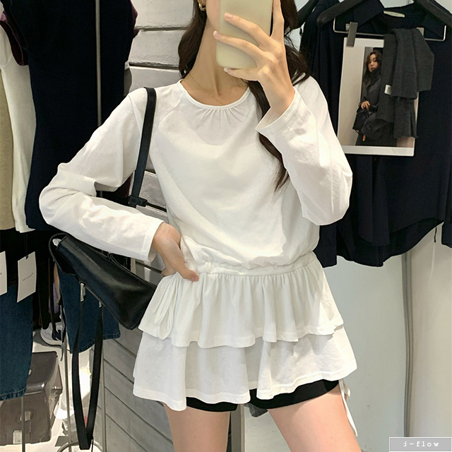 니취 캉캉 프릴 스트링 롱 하프 티셔츠 3col 가을 봄 미니원피스 레이어드 제이플로우 - 상품 이미지