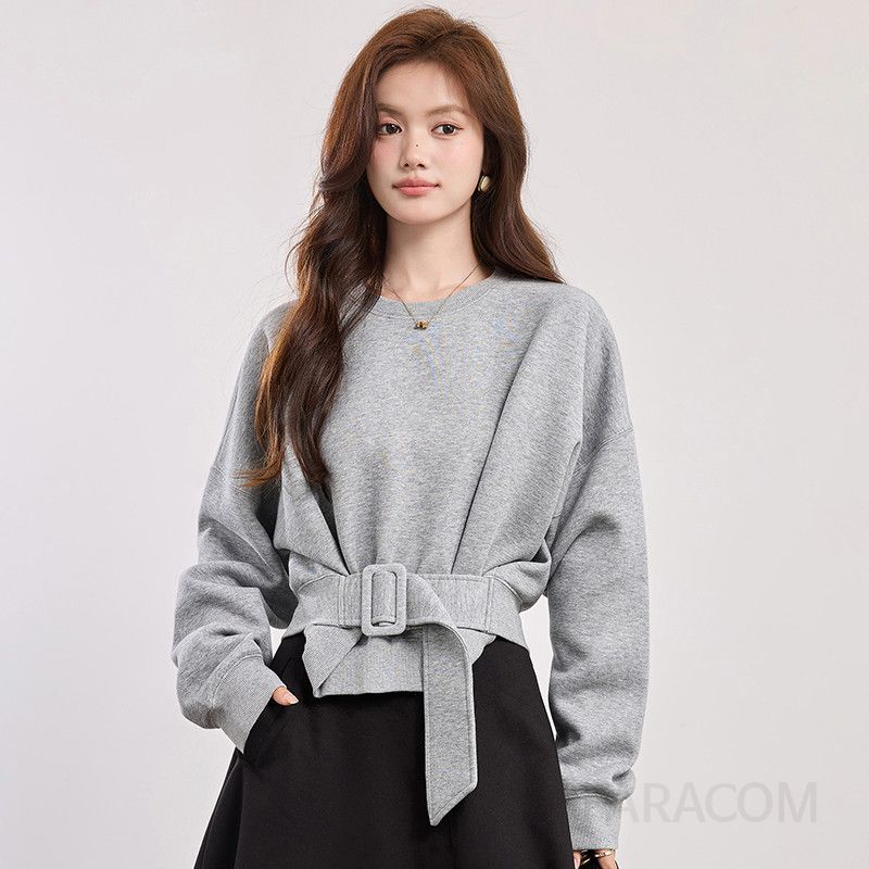 여성 라운드넥 스웨트 긴팔 티셔츠 배트 슬리브 벨트 숏 디자인 캐주얼 맨투맨티셔츠 트렌디한 데일리웨어 스타일 - 상세 이미지 3