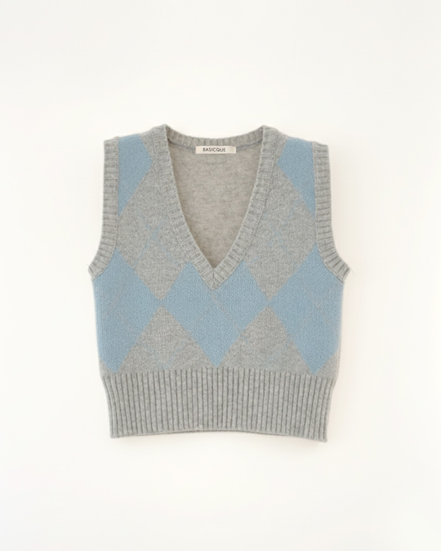 폭스 울 아가일 펜던트 니트 베스트 (GREY) 제품 이미지