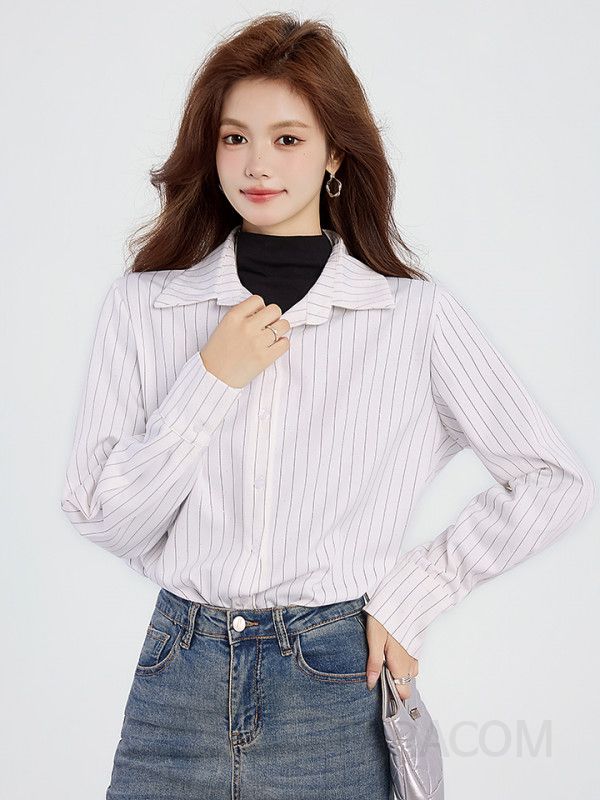 여성 스트라이프 셔츠 긴팔 가을용 캐주얼 레이어드 스타일 구김없는 편안한 착용감 데일리룩 블라우스형 - 상세 이미지 5