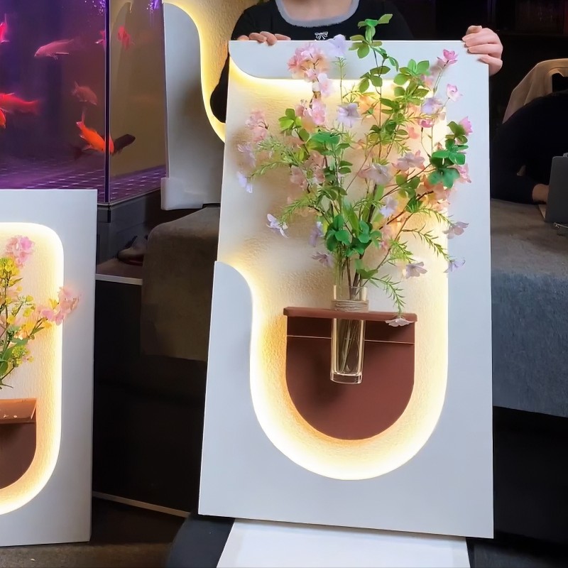 감성화분 벽장식 조명식 액자 크림스타일 LED 인테리어 A타입사진과동일그린플랜트+화병포함 LED라이트+입체감다층샌드스톤공예 50x87 - 상세 이미지 3