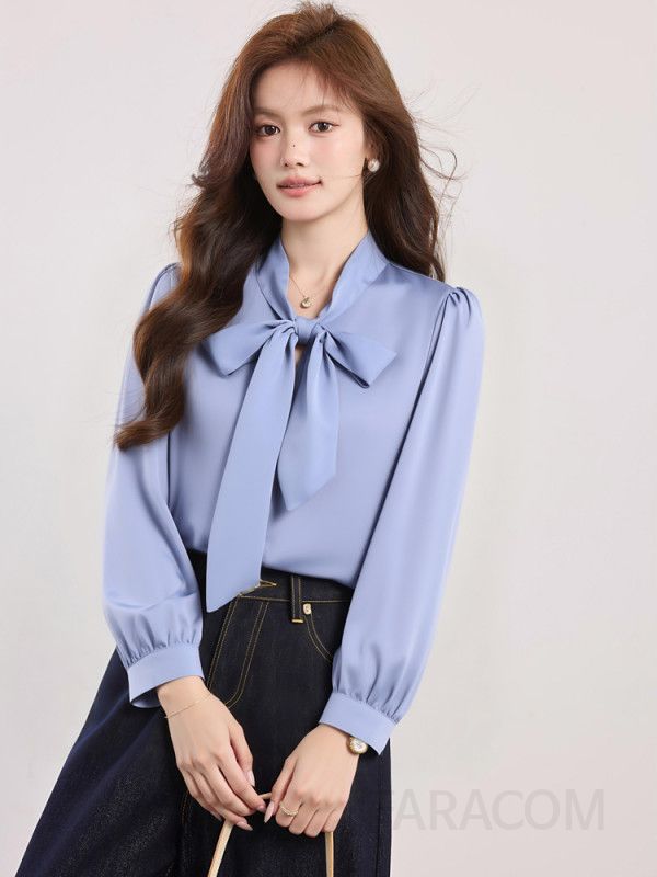 여성 쉬폰블라우스 브이넥 리본 퍼프슬리브 봄여름 데일리룩 시스루 스타일 시원한 착용감 캐주얼 셔츠 이미지 6