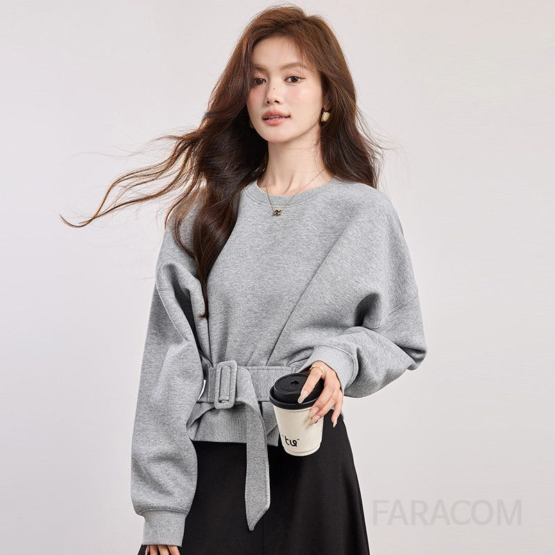 여성 라운드넥 스웨트 긴팔 티셔츠 배트 슬리브 벨트 숏 디자인 캐주얼 맨투맨티셔츠 트렌디한 데일리웨어 스타일 - 상세 이미지 2