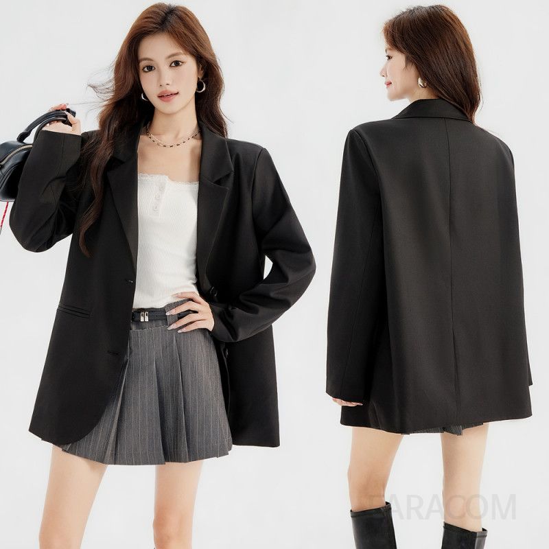 여성 블랙 수트 재킷 간절기 출퇴근용 캐주얼 스타일 고급스러운 가을 자켓 모던한 디자인 일상 활용도 높은 상의
