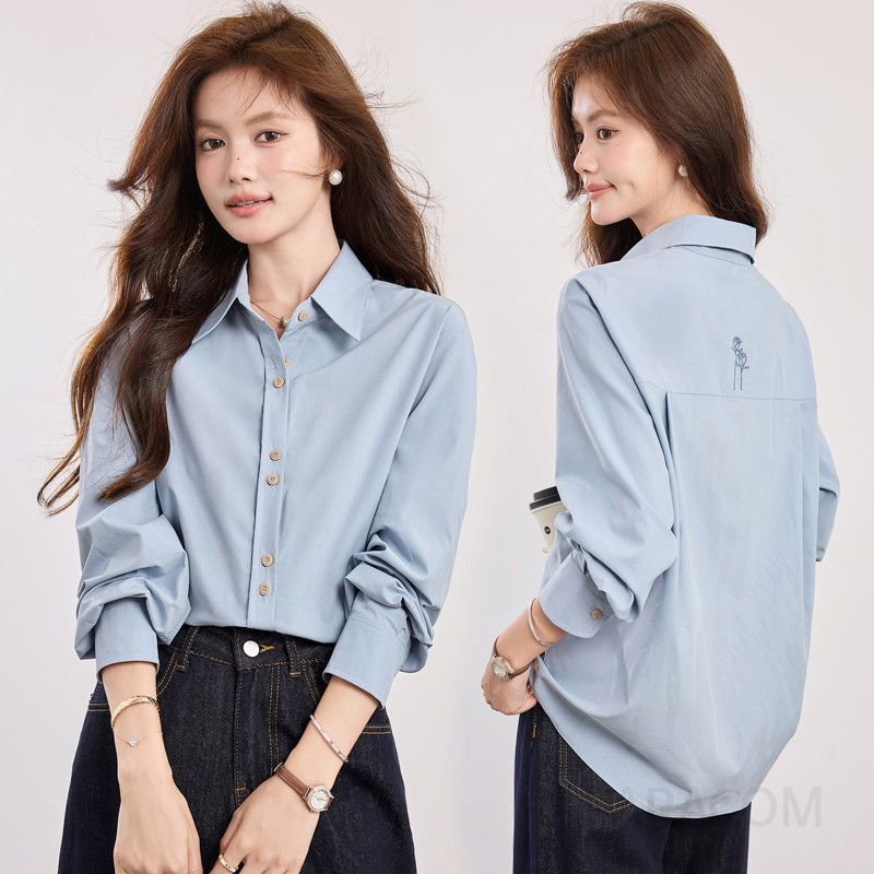 여성 가을 블라우스 루즈핏 셔츠 레이어드 스타일 뒷면 자수 포인트 데일리 코디 쉬폰 소재 통근용 편안한 착용감 모던한 디자인