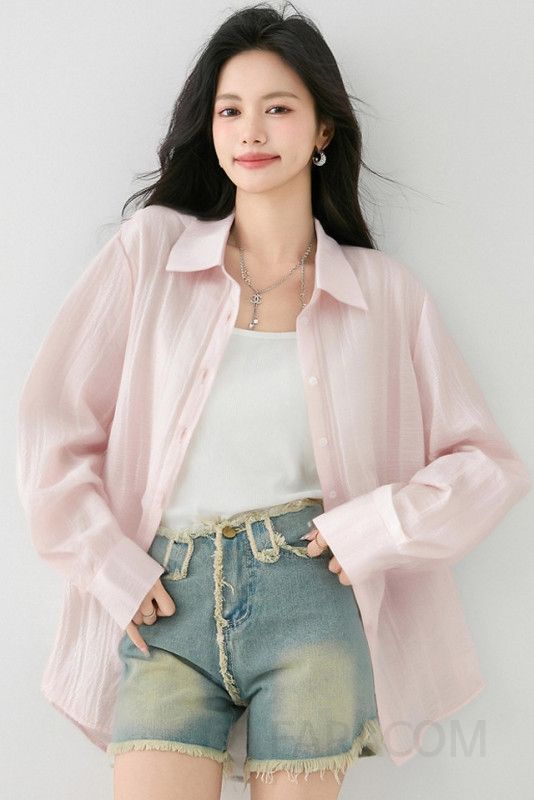 여성 얇은 긴팔 카디건 셔츠 구김없는 편안한 핑크 컬러 캐주얼 데일리룩 여름 가을용 긴 기장 다양한 스타일링 가능 - 상세 이미지 5