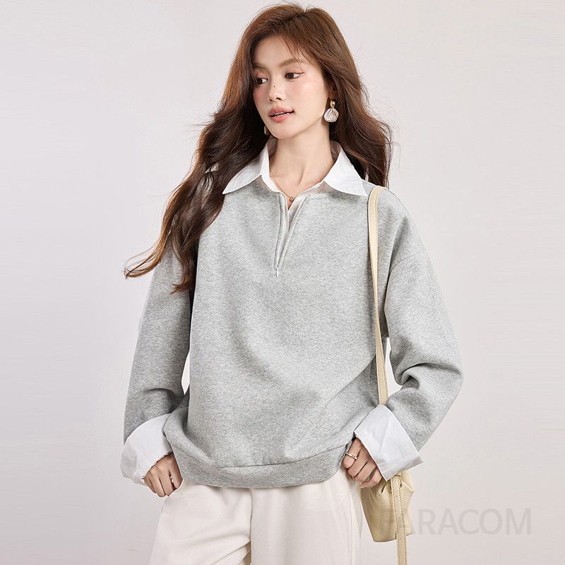 여성 봄 가을 긴팔 회색 가짜 투피스 후드 캐주얼 폴로 라펠 탑 스타일리시한 편안한 착용감 데일리룩으로 완벽한 스웨트셔츠 - 상세 이미지 3