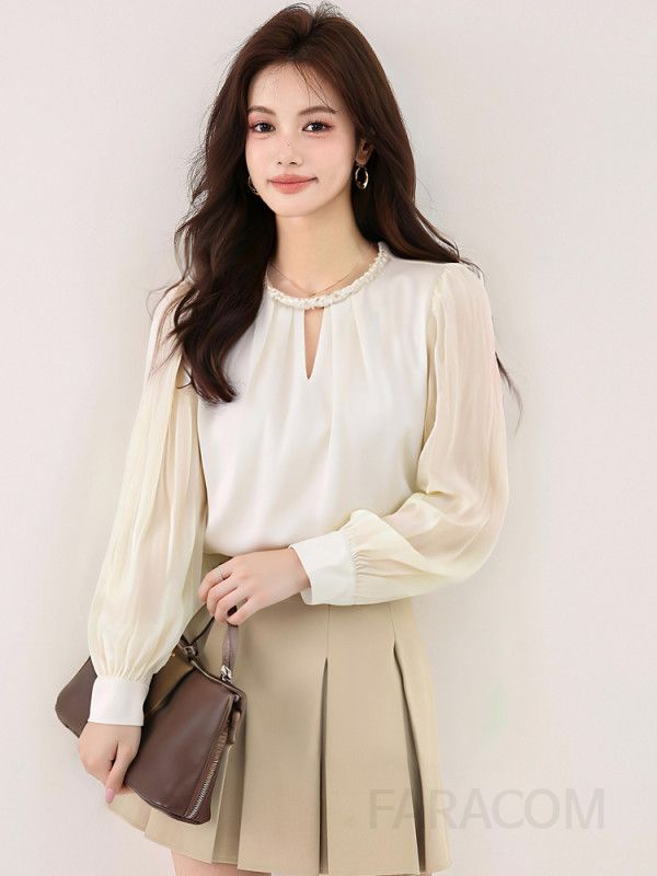 플리츠 슬리브 여성 가을 셔츠 레트로 스타일 루즈핏 블라우스 고급스러운 디자인 통근용 편안한 착용감 - 상세 이미지 4