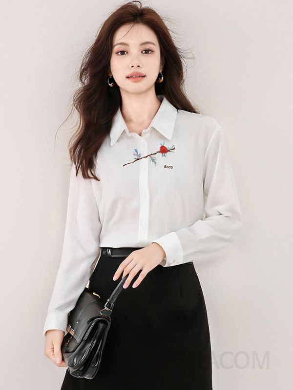 여성 자수 루즈핏 긴팔 셔츠 화이트 캐주얼 편안한 스타일 통근용 시원한 코튼 소재 트렌디한 디자인 - 상세 이미지 5