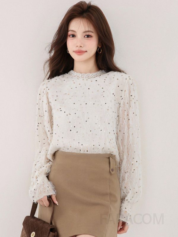고급 원목 라운드넥 블라우스 여성 가을 셔츠 스타일리시한 디자인 루즈핏 데일리 착용감 편안한 캐주얼룩 하객 패션 - 상세 이미지 3