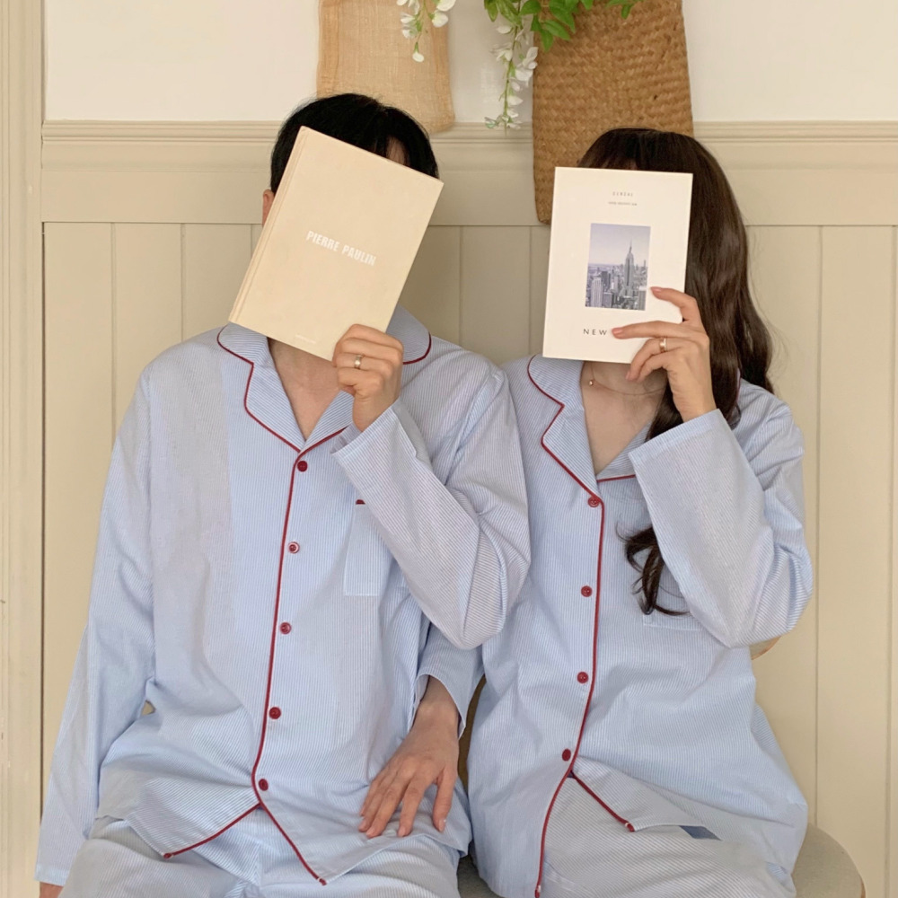 순면잠옷 커플파자마 신혼부부잠옷 가을 긴팔 스트라이프 크리스마스 홈웨어 세트 - 상세 이미지 5