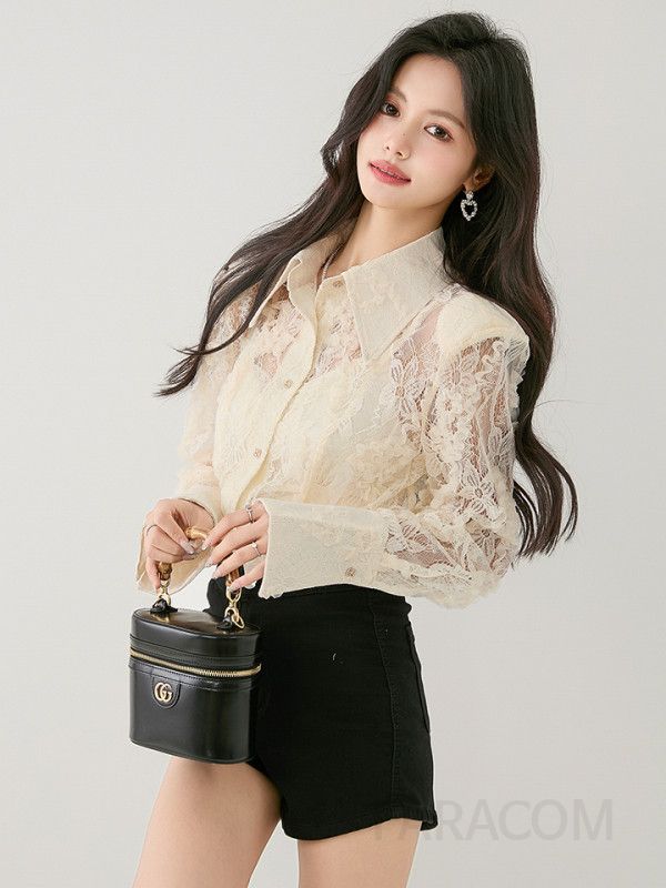 레이스 플레어 긴팔 셔츠 여성 가을용 루즈핏 블라우스 프렌치 스타일 시스루 디자인 고급스러운 데일리 착용감 편안한 - 상세 이미지 3