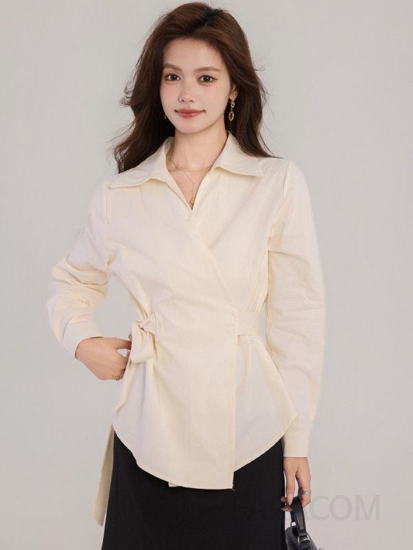 여성 슬림핏 긴팔 셔츠 가을 스타일 타이 웨이스트 디자인 고급스러운 캐주얼 셔츠 코튼 소재로 편안한 착용감 제공 데일리룩 추천 - 상세 이미지 4