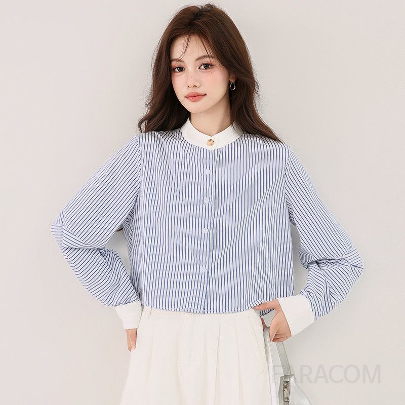 여성 스트라이프 긴팔셔츠 가을 데일리 캐주얼 스타일 라운드넥 프랑스 감성 상의 시원한 착용감 편안한 외출용 - 상세 이미지 3