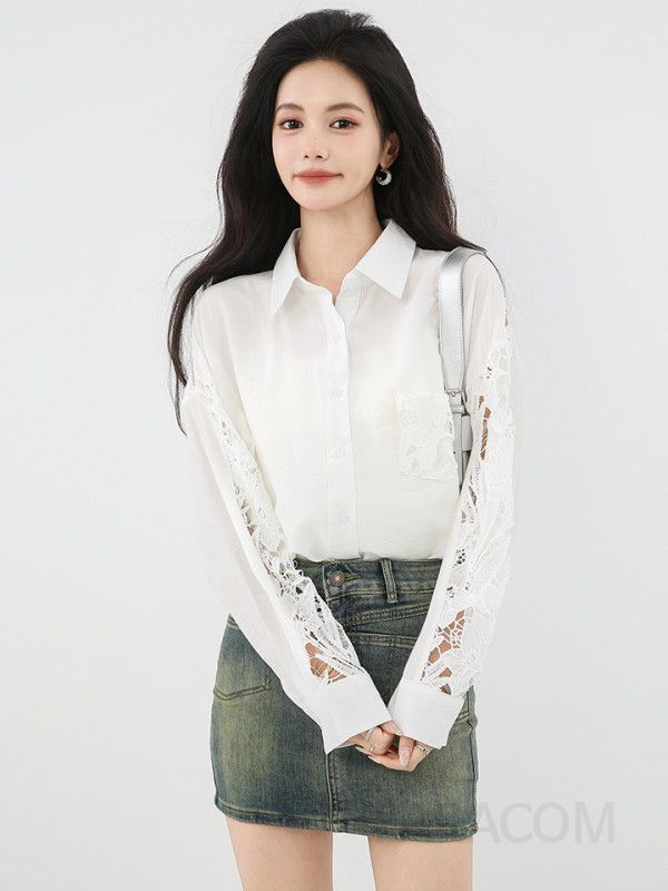 레이스 패치워크 루즈핏 라운드넥 여성 가을 블라우스 빈티지 스타일 긴팔 셔츠 여성스러운 디자인 하객룩 코디 이상적인 데일리웨어 - 상세 이미지 5
