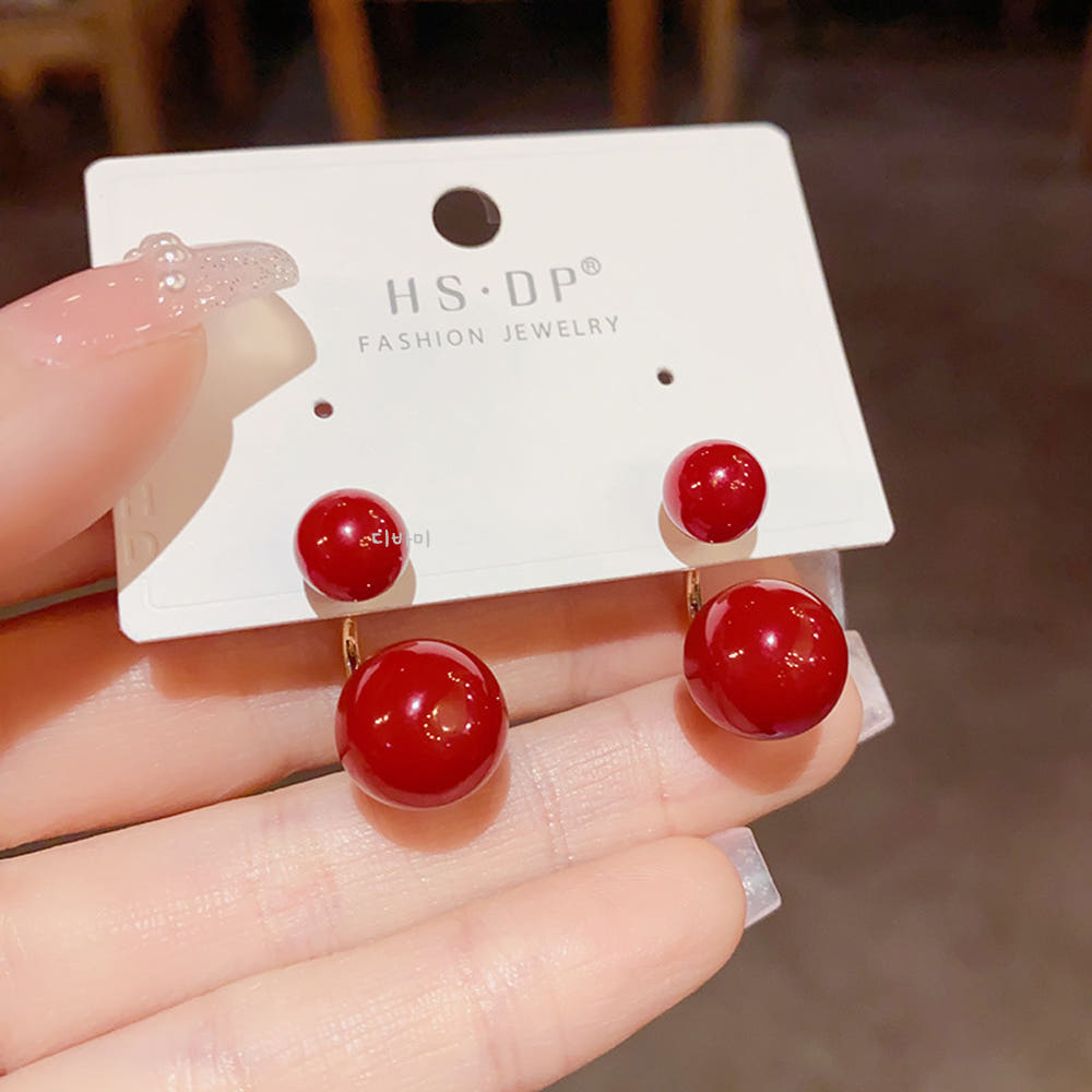 14K 더블 레드볼 투웨이귀걸이 빨간 진주 이어링 - 상품 이미지