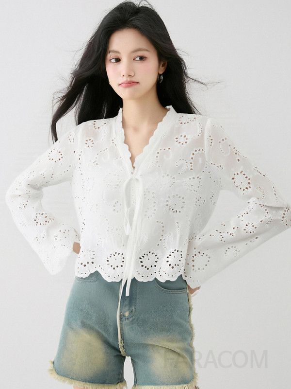 화이트 레이스 긴팔 블라우스 여성 가을 신상 루즈핏 셔츠 고급스러운 디자인 데일리 스타일링 하객룩 추천 - 상세 이미지 2