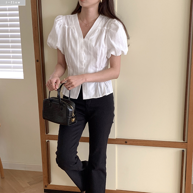 포트 브이넥 자수 허리 핀턱 퍼프 블라우스 2col 봄 여름 코튼 레이스 자수 제이플로우 이미지 8