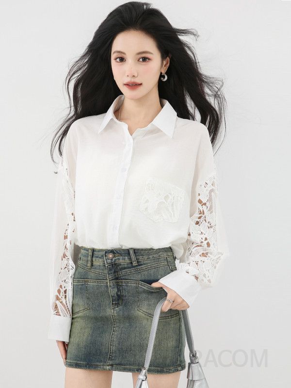 레이스 패치워크 루즈핏 라운드넥 여성 가을 블라우스 빈티지 스타일 긴팔 셔츠 여성스러운 디자인 하객룩 코디 이상적인 데일리웨어 - 상세 이미지 4