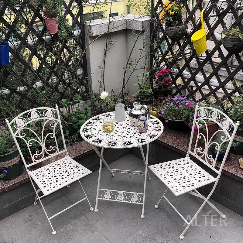 철제 접이식 야외 전원주택 카페 발코니 테이블 테라스 베란다 의자 백색 테이블+의자 2개 - 상세 이미지 4