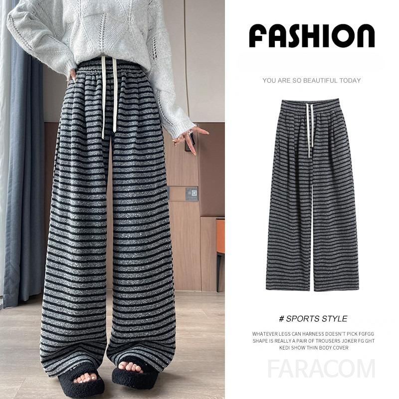 여성 하이웨이스트 와이드팬츠 가을 스트라이프 드레이프 스타일 편안한 캐주얼 바지 트렌디한 데일리룩 스트레이트 핏 외출용 - 상세 이미지 2