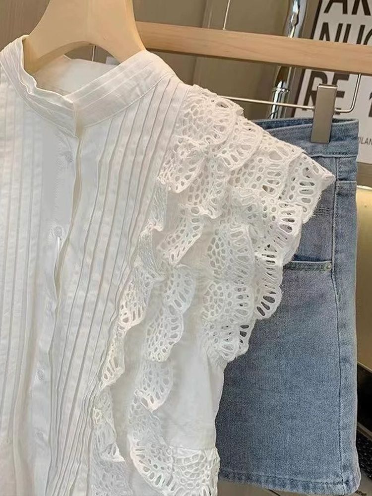 여름 펀칭 블라우스 티셔츠 출근룩 시스루 퍼프 썸머 데일리룩 루즈핏 브이넥 오버핏 핀턱 화이트 프리미엄 에디션 S - 상세 이미지 4