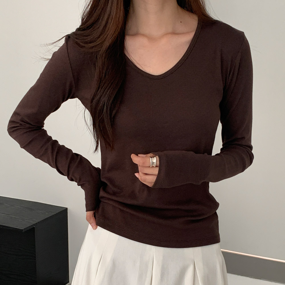 부드러운 골지 모달 티셔츠 기본 레이어드 이너티 여성 티셔츠 긴팔티 블랙 브라운 - 상세 이미지 4
