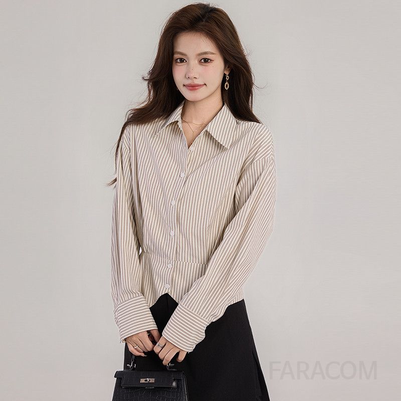 여성 허리 스트라이프 셔츠 직장인 슬릿 디자인 봄 가을용 데일리 캐주얼 편안한 착용감 통근용 상의 모던한 스타일 - 상세 이미지 4
