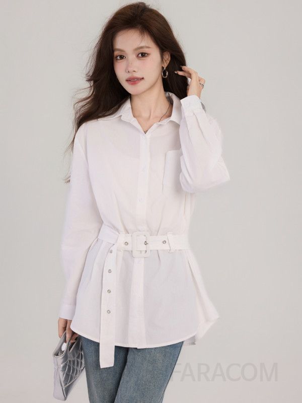 여성 긴팔 폴로 셔츠 가을 슬림핏 허리라인 블라우스 화이트 캐주얼 스타일 중간 길이 탑 데일리룩 매치 - 상세 이미지 5