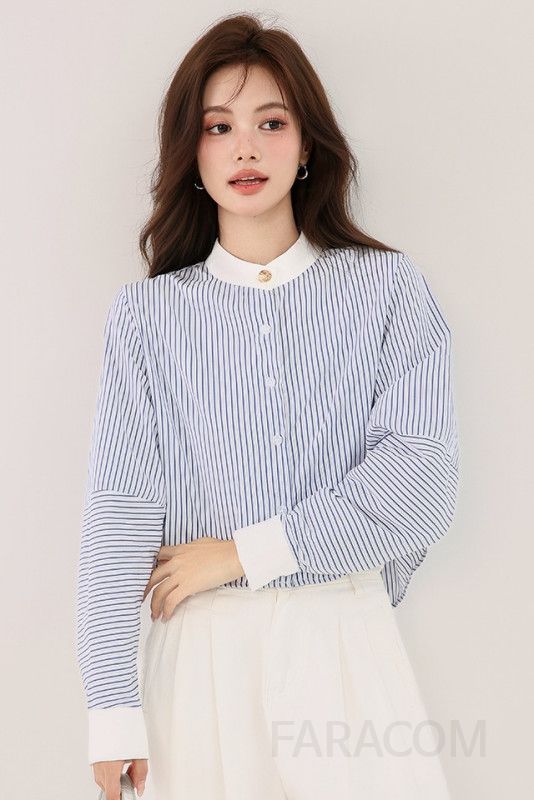 여성 스트라이프 긴팔셔츠 가을 데일리 캐주얼 스타일 라운드넥 프랑스 감성 상의 시원한 착용감 편안한 외출용 - 상세 이미지 5