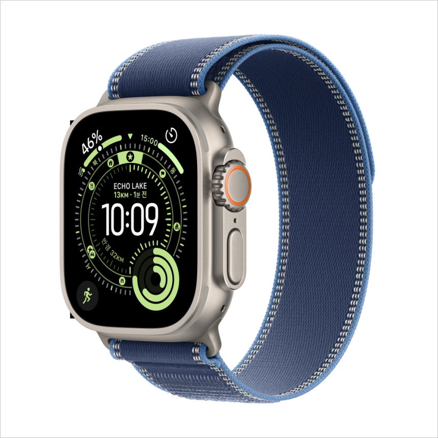 애플 애플워치 울트라 3 셀룰러 내추럴 티타늄, 49mm, 블루 트레일 루프 S/M