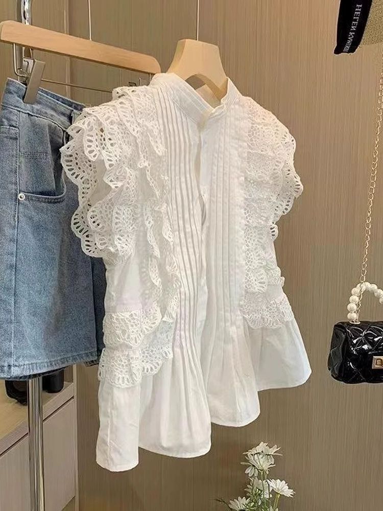 여름 펀칭 블라우스 티셔츠 출근룩 시스루 퍼프 썸머 데일리룩 루즈핏 브이넥 오버핏 핀턱 화이트 프리미엄 에디션 S - 상세 이미지 2
