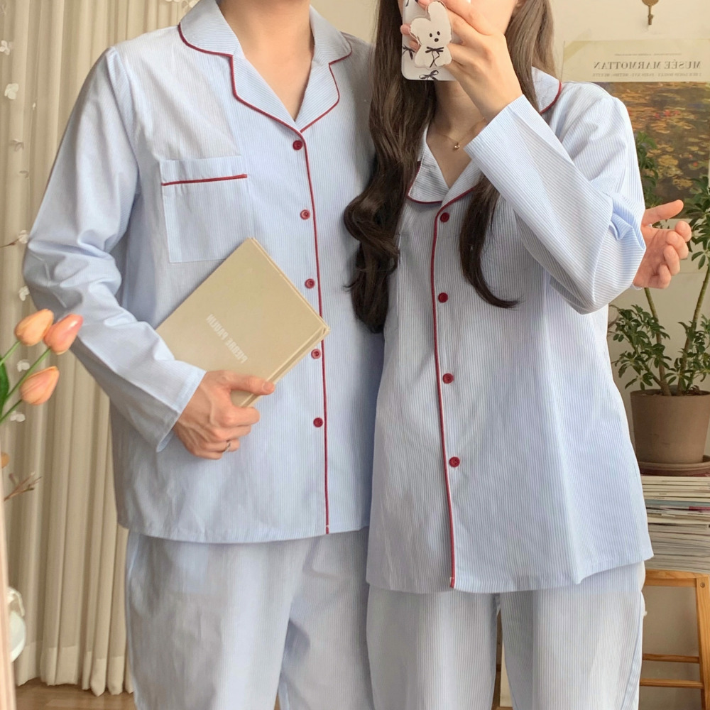 순면잠옷 커플파자마 신혼부부잠옷 가을 긴팔 스트라이프 크리스마스 홈웨어 세트 - 메인 이미지