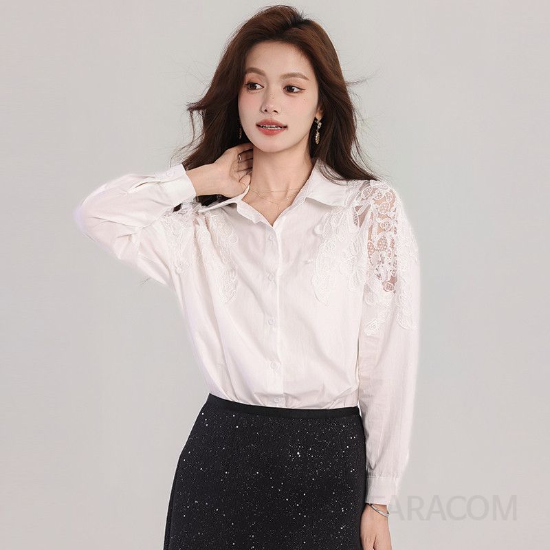 레이스 루즈핏 여성 셔츠 가을 스타일 화이트 캐주얼 긴팔 시스루 디자인 트렌디한 데일리룩 우아한 착용감 - 상세 이미지 3