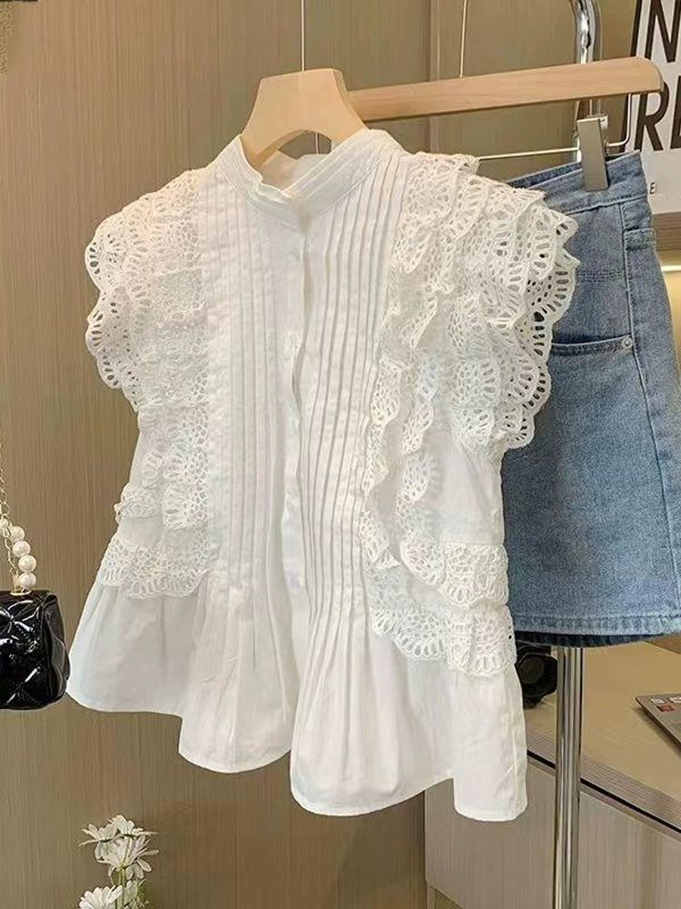 여름 펀칭 블라우스 티셔츠 출근룩 시스루 퍼프 썸머 데일리룩 루즈핏 브이넥 오버핏 핀턱 화이트 프리미엄 에디션 S - 상품 이미지